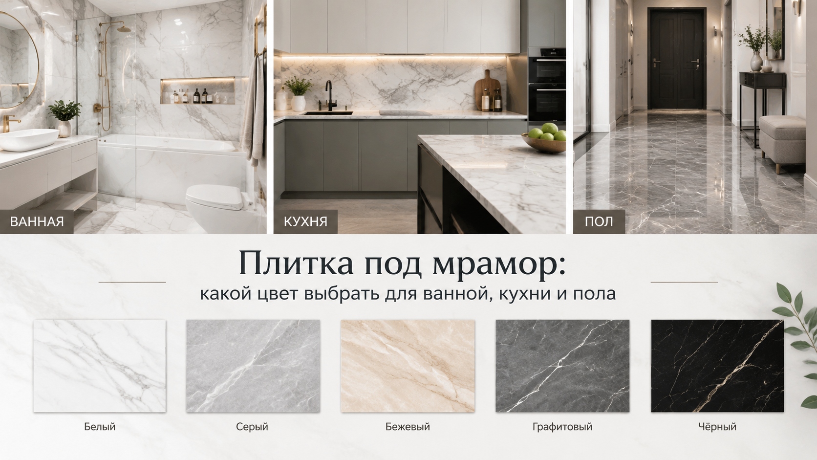 Плитка под мрамор: какой цвет выбрать для ванной, кухни и пола